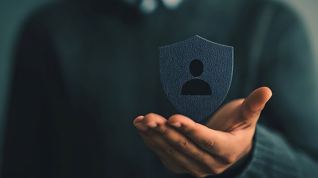 A person holds a digital shield icon, symbolizing cybersecurity and protection, with binary code representing data security.