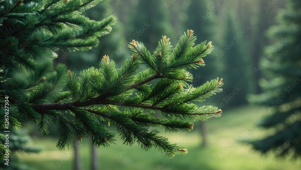 Aufkleber Lush Green Spruce Branch with Soft Focus Background of Evergreen Trees in Natural Forest Setting