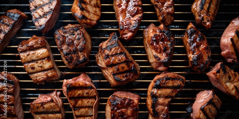 Poster grilled meat assortment on barbecue grill with char marks and empty space for text display