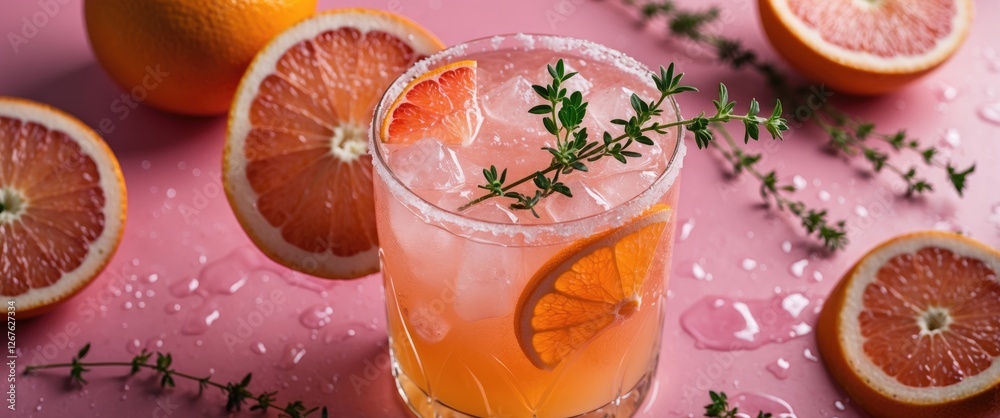 Poster refreshing orange cocktail garnished with thyme on pink background surrounded by citrus slices ideal
