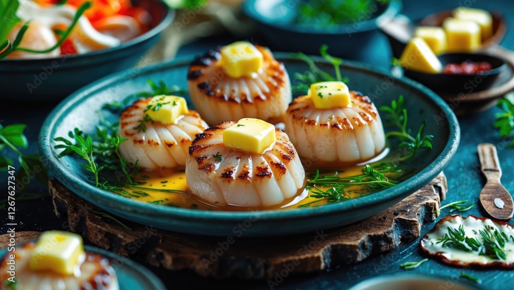 Poster Grilled Scallops with Herb Butter Served on Rustic Plate with Fresh Garnish and Copy Space for Culinary Text or Promotion