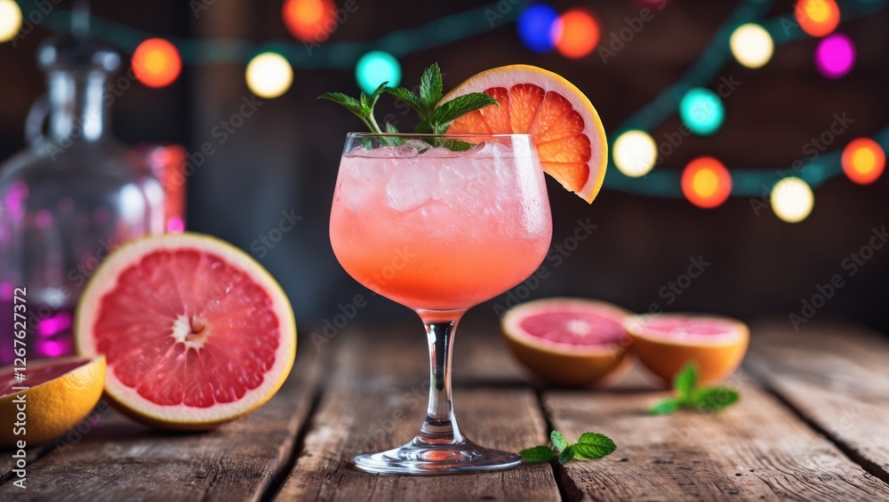 Aufkleber refreshing grapefruit cocktail garnished with mint in a stylish setting with colorful lights and fru