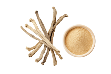 Bolts of ashwagandha roots with powdered extract on a clean backdrop., transparent background.