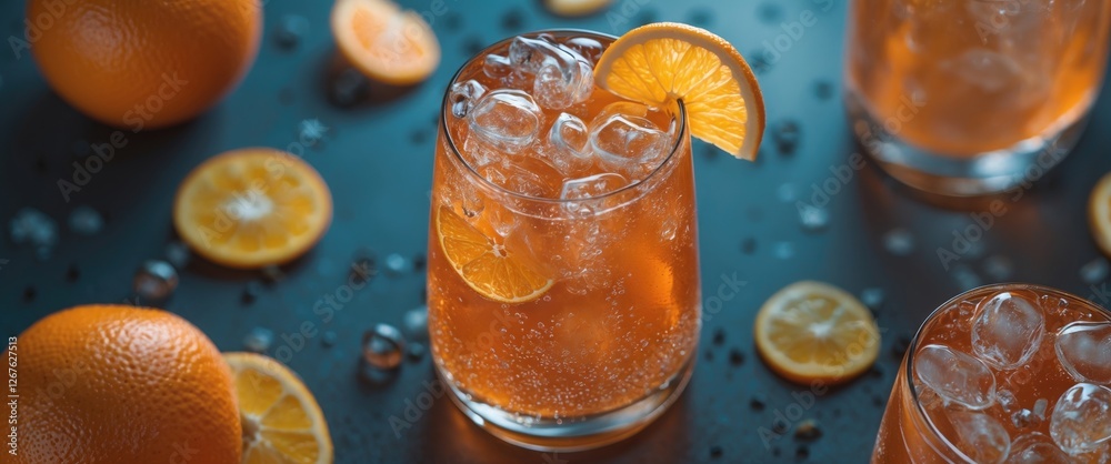 Poster refreshing orange soda drink with ice garnished with citrus on dark background