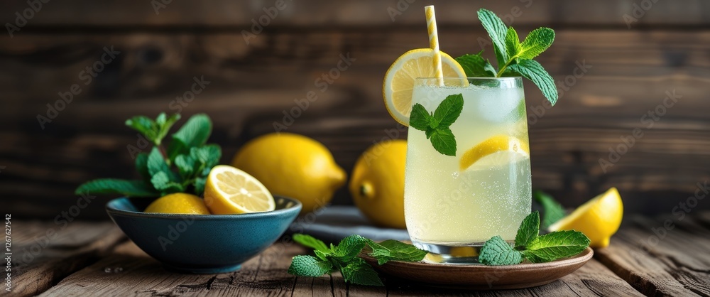 Poster refreshing lemonade with mint and lemon on a rustic wooden background garnished with fresh mint leav