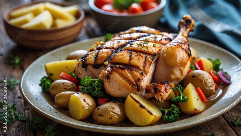 Poster Grilled chicken served with potatoes and colorful vegetables on a plate with empty space for text, ideal for culinary presentations.