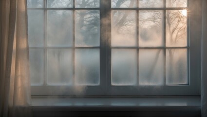 Morning sunlight through a foggy window creating a serene atmosphere with soft natural light and condensation effects