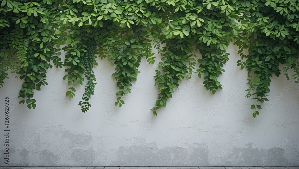 Poster Lush Greenery Cascading Over Abstract Wall Background With Blank Space For Text Modern Nature Inspired Design Concept