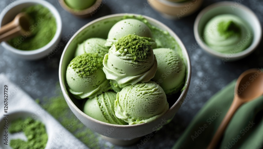 Aufkleber delicious matcha soft serve ice cream in a bowl garnished with green tea powder on a rustic backgrou