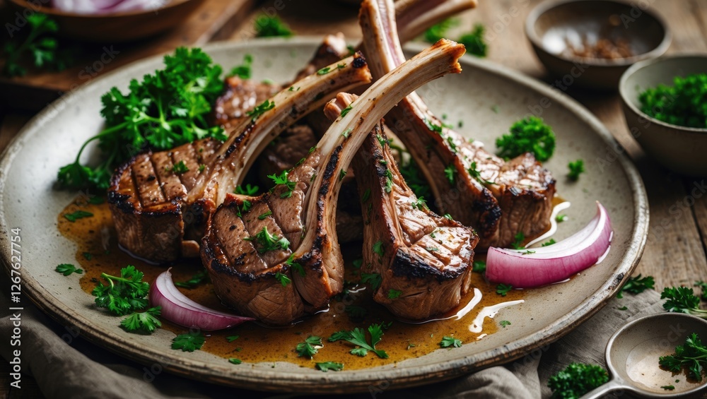 Poster Grilled Lamb Chops Garnished with Fresh Parsley and Onions on Rustic Plate with Space for Culinary Text and Branding