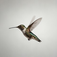 Fototapeta premium A tiny hummingbird hovering in mid-air, wings blurred in motion, clear white background.