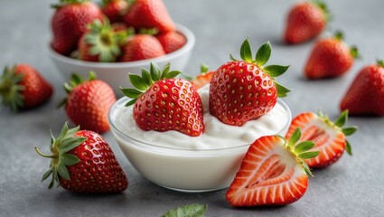 Fresh strawberries served with creamy yogurt in a stylish bowl alongside whole and sliced strawberries on a textured surface.