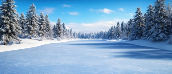 Fototapeta premium Serene winter landscape with snow-covered trees and frozen water under a clear blue sky.