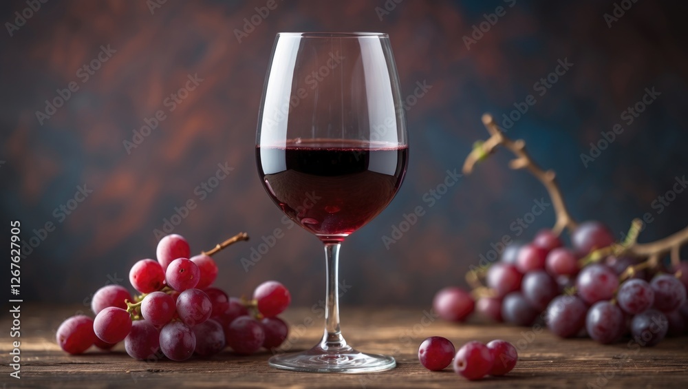 Poster elegant glass of red wine surrounded by fresh red grapes on a rustic wooden table with a warm, textu