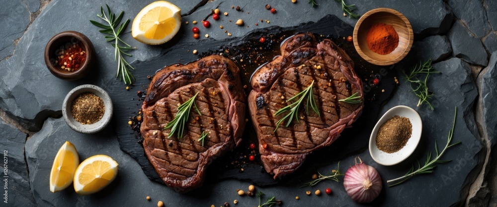 Poster grilled beef steak with aromatic spices on slate serving board perfect for culinary presentations an