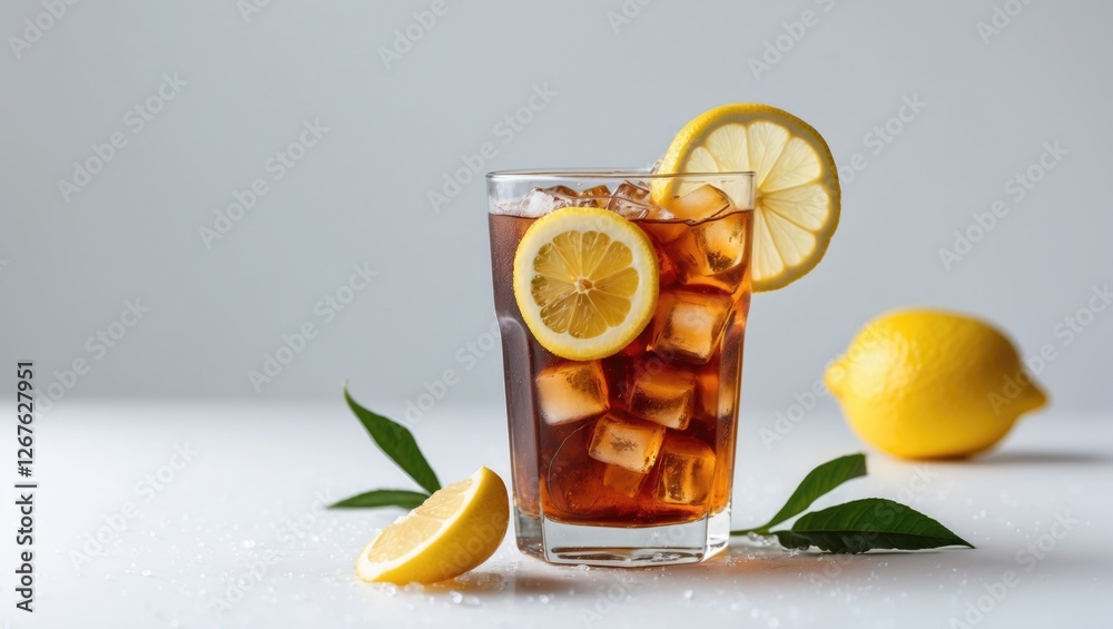 Poster refreshing iced tea glass with lemon slices and ice on white background ideal for summer beverage pr
