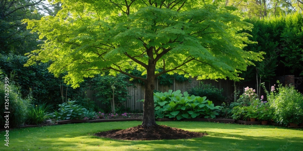 Aufkleber Lush Green Tree in Vibrant Garden Setting with Ample Space for Text and Natural Backdrop