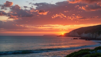 Fototapeta premium Tranquil Coastal Sunset Over Ocean Waves with Vibrant Clouds and Silhouette of Rocky Shoreline