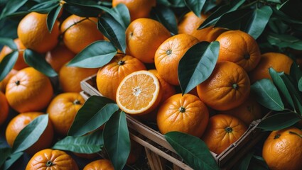 Vibrant Tangerines with Green Leaves Displayed in a Wooden Basket Focused on Freshness and Natural Beauty