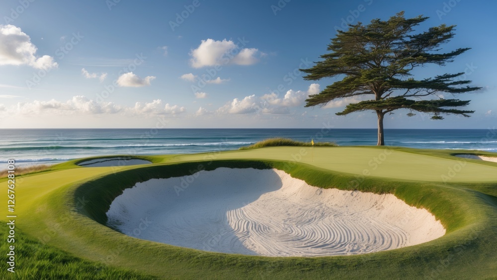 Aufkleber golf course bunker by ocean under clear sky with majestic tree and expansive greenery ideal for text