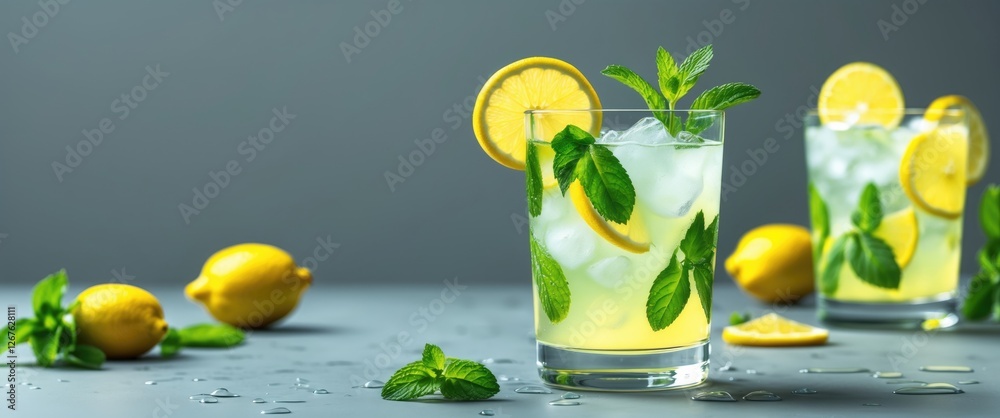 Aufkleber Refreshing lemonade with mint and lemon slices on a grey background perfect for summer drinks and beverage promotions with copy space.