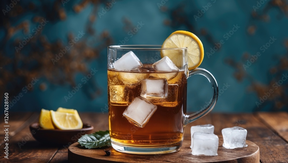 Aufkleber refreshing iced tea with lemon and ice cubes on a rustic wooden table against a colorful background.