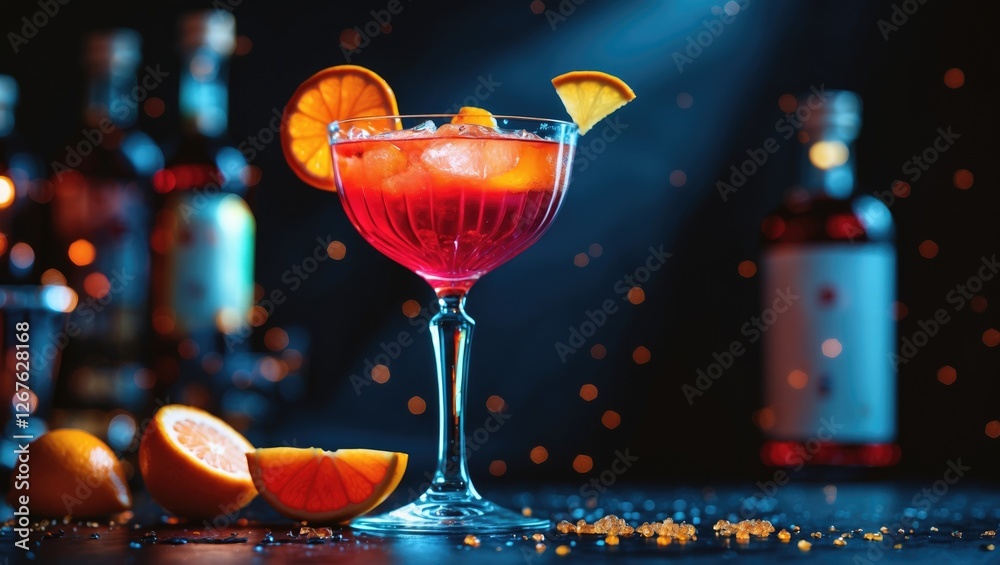 Poster colorful cocktail garnished with orange slices served in a glass with a blurred bar background featu