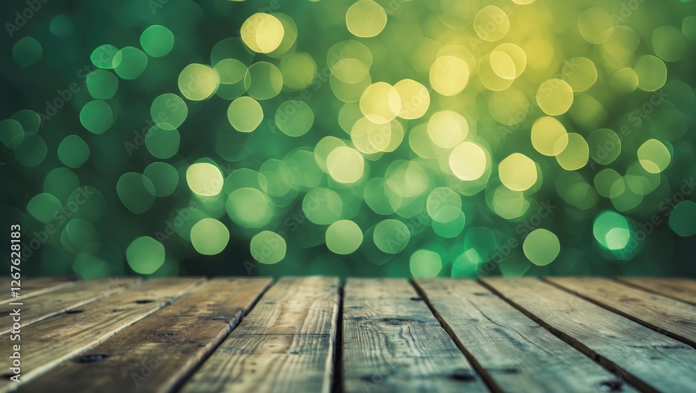 Aufkleber wooden floor with green bokeh background ideal for product display and nature themes