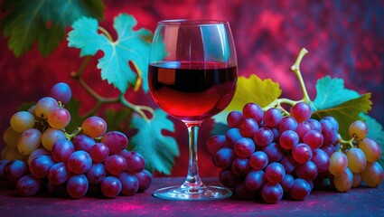 Elegant Glass of Red Wine Surrounded by Fresh Grapes with Vibrant Background and Space for Custom Text or Branding