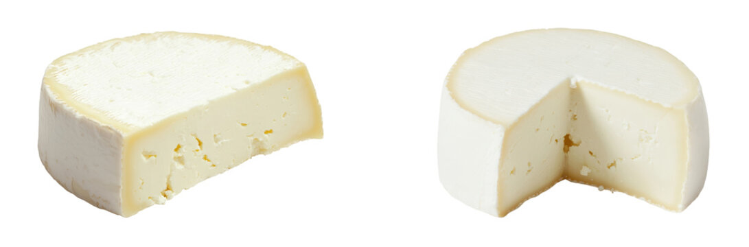 Delicious cheese displayed in two different views showcasing its creamy texture., transparent background.