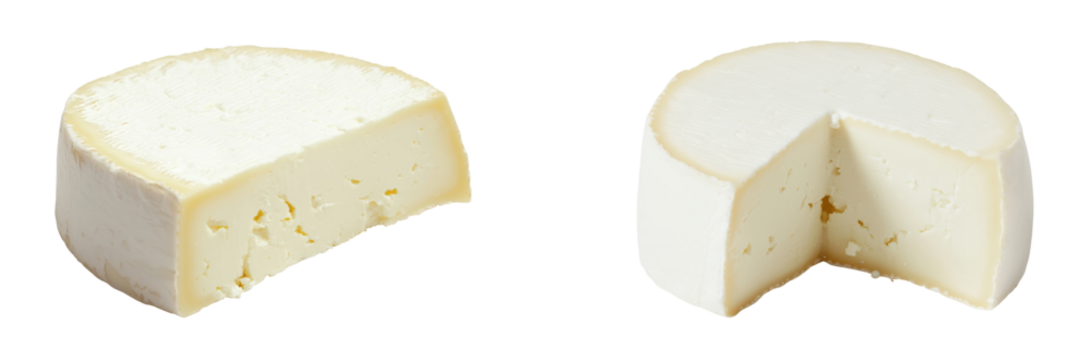 Delicious cheese displayed in two different views showcasing its creamy texture., transparent background.