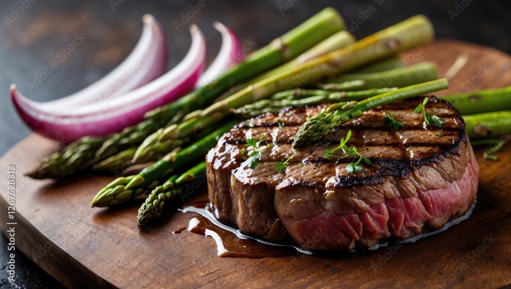 Poster Grilled Filet Mignon Served with Fresh Asparagus and Red Onion on a Wooden Cutting Board in a Rustic Kitchen Setting