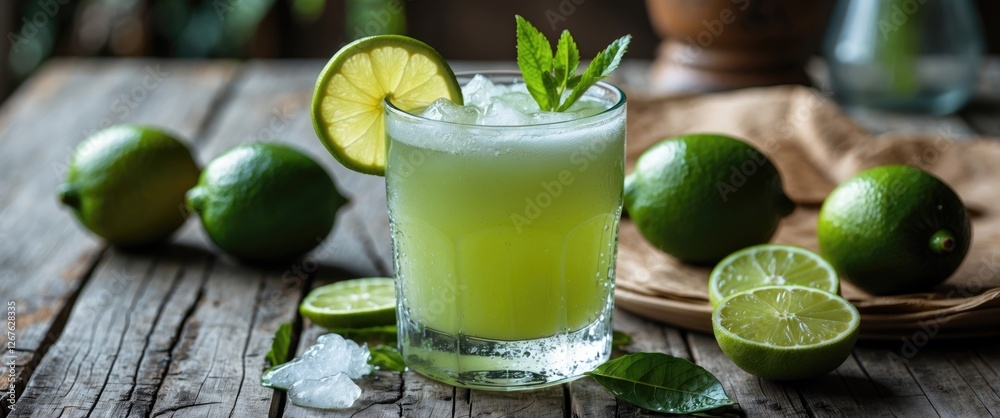 Aufkleber refreshing cold lime juice in a glass with ice garnished with mint served on a rustic wooden table s