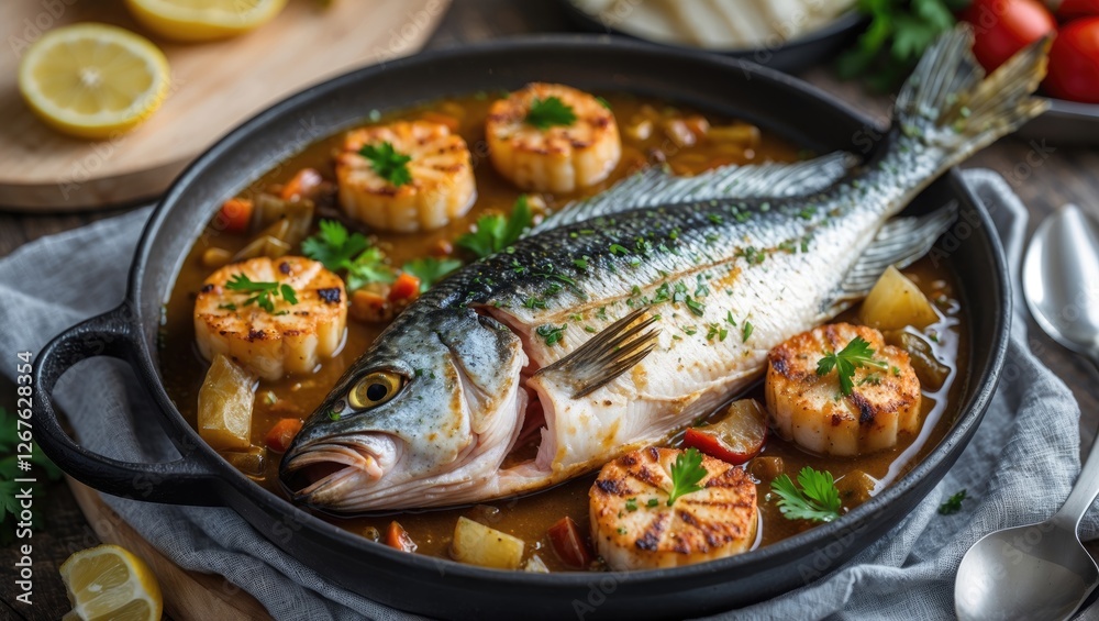 Poster Grilled Fish Stew with Fresh Vegetables and Scallops in a Bowl on Wooden Table with Copy Space for Text