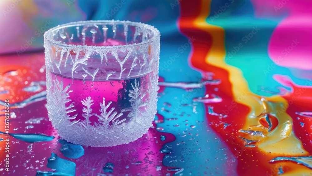 Aufkleber frosted glass filled with liquid on a vibrant colorful background showcasing artistic liquid pattern