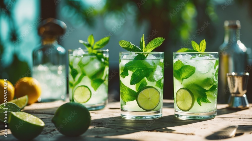 Poster refreshing mojito cocktails with fresh mint and lime on rustic wooden table in bright summer setting