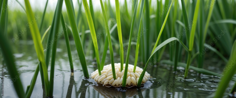 Poster rice seedlings emerging from grain in lush green paddy field during watering season with reflections
