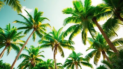 Fototapeta premium Lush Green Palm Trees Against a Bright Sky Evoking a Tropical Summer Vibe for Natural and Relaxing Backdrops
