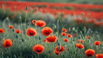 Obraz premium Vibrant red poppies blooming in a wild field under soft light showcasing the beauty of nature and the tranquility of a floral landscape.