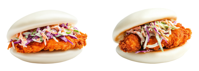 Delicious fried chicken bao buns filled with colorful slaw and fresh ingredients., transparent background.