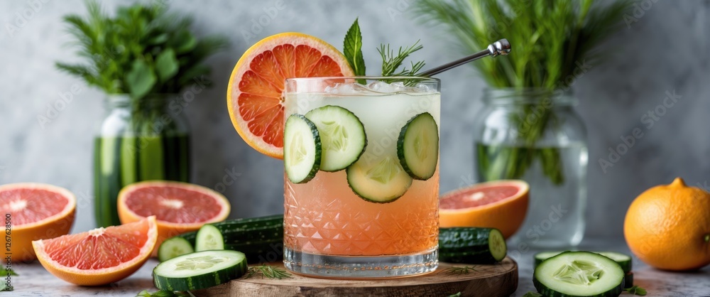 Poster refreshing grapefruit and cucumber cocktail garnished with mint, ideal for spring and summer gatheri