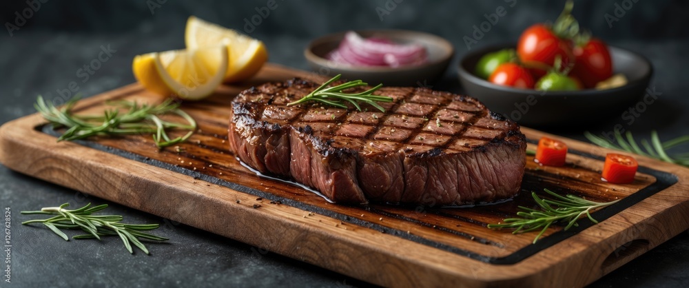 Aufkleber grilled beef steak on a wooden cutting board with fresh herbs and accompaniments for gourmet culinar