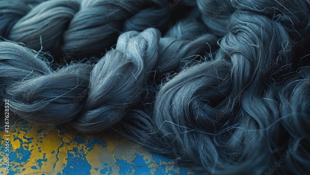 Poster textured gray wool fibers on a vibrant blue and yellow background showcasing intricate details and c