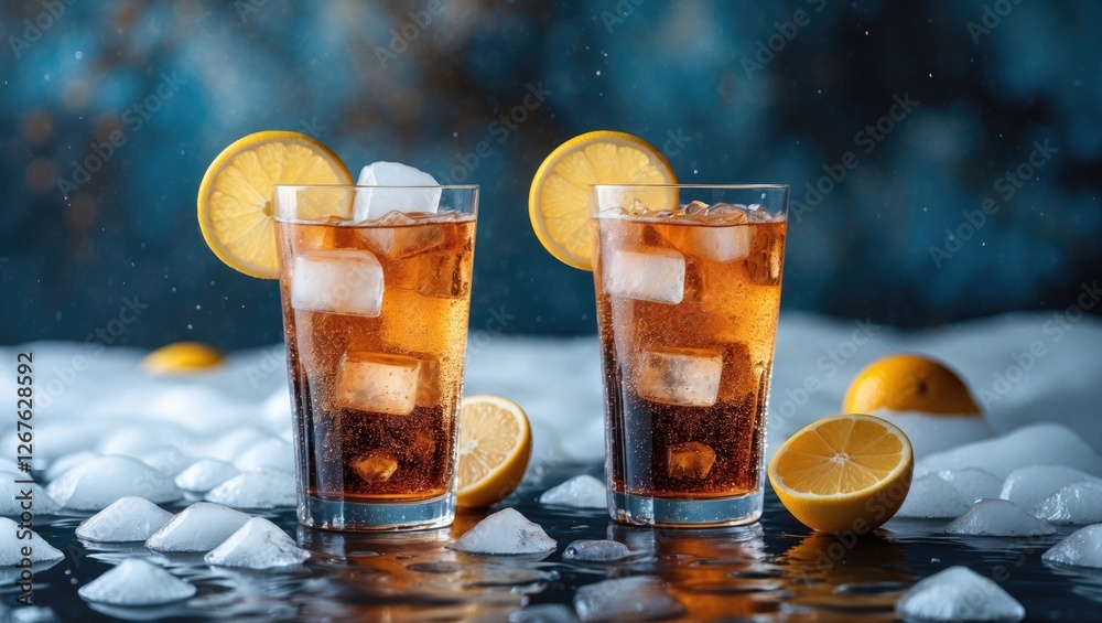 Poster Refreshing Fizzy Soda with Ice and Lemon Slices on a Vibrant Background with Ice Cubes and Citrus Fruits for Summer Enjoyment