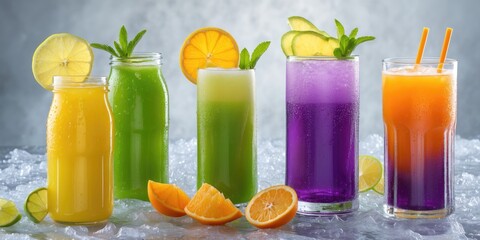 Fototapeta premium Colorful Selection of Refreshing Cold Juice Drinks on Ice with Citrus Garnishes and Space for Text in a Bright Background