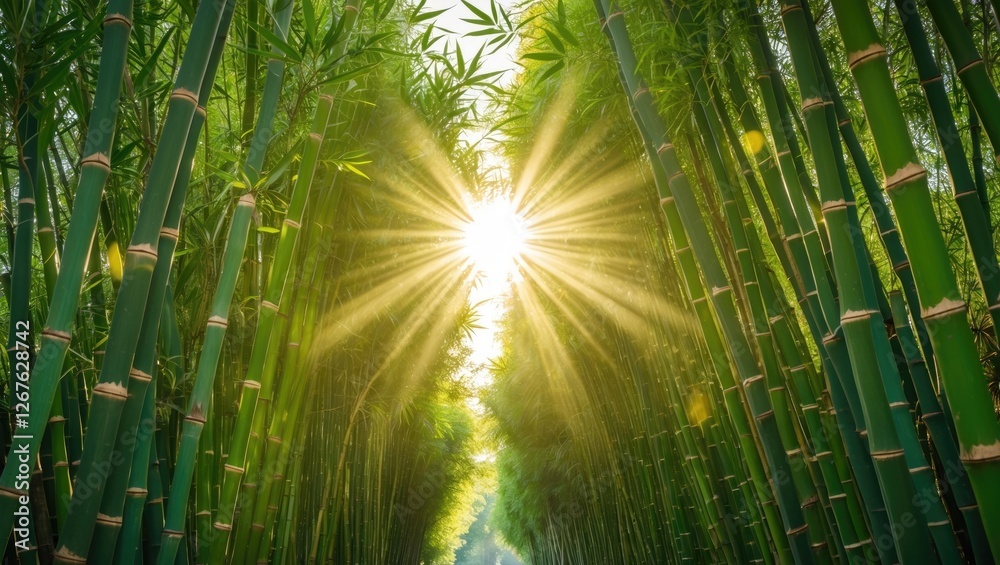 Aufkleber Sunlight Radiating Through Green Bamboo Forest Creating A Serene Atmosphere With Space For Text Overlay