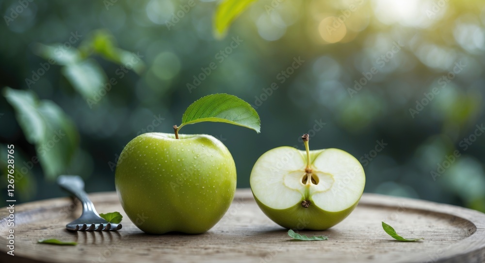 Aufkleber Fresh Green Apple Sliced with Fork on Wooden Surface Surrounded by Nature with Space for Text