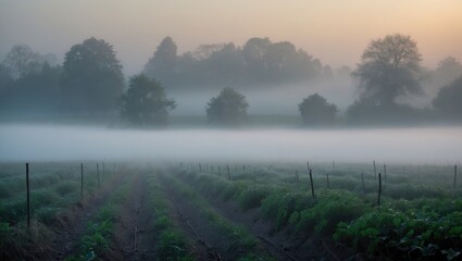 Misty Dawn Over a Serene Field with Lush Greenery and Silhouetted Trees