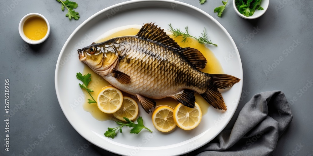 Poster grilled crucian carp garnished with lemon and herbs on a white plate with empty space for text on gr