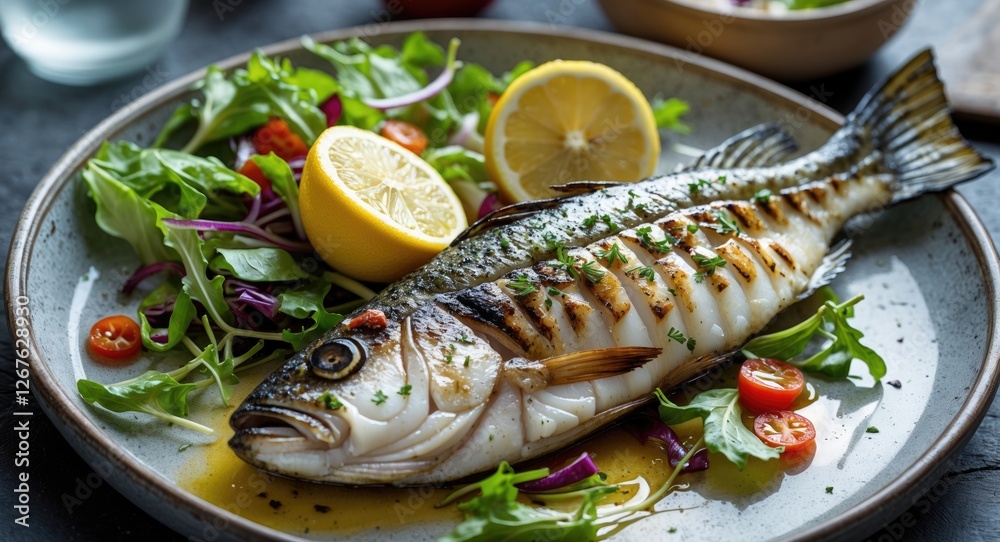 Poster grilled seabass garnished with lemon served on a plate with fresh salad mix and copy space for text